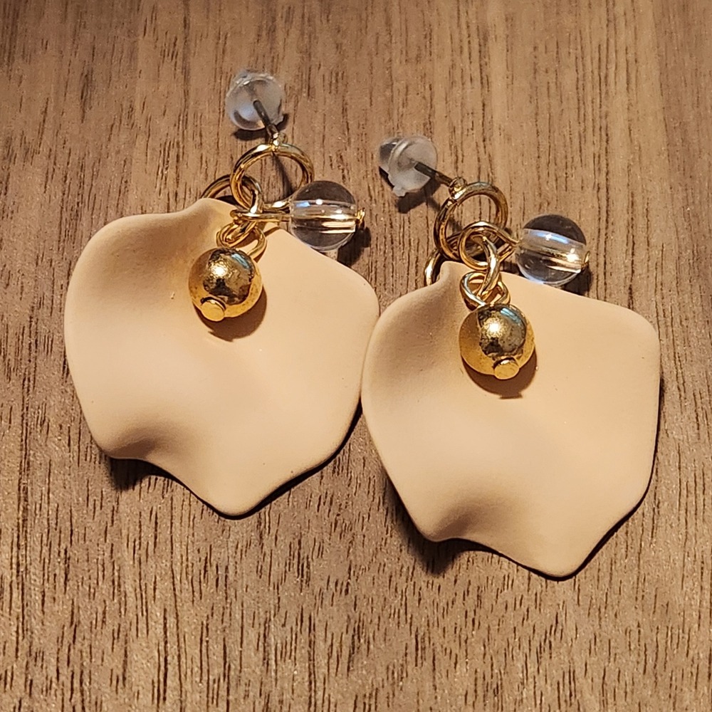 Matte Beige Petal‎ Drop Earrings Gold Bead Clear Charm Botanical Dangle